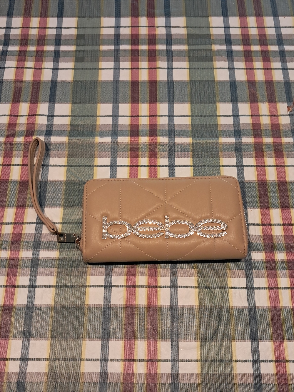 bebe‎ Taupe Quilted Wristlet Wallet with Crystal Logo